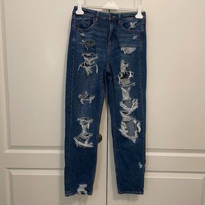 American Eagle Destroyed Mom Jeans Women’s Comfort Stretch Waistband Dark Denim